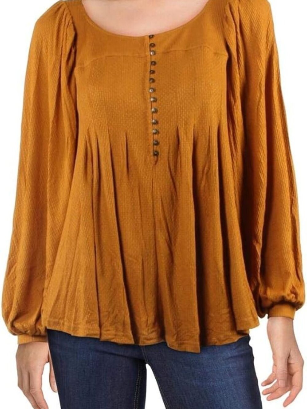 Free People Textured Knit Devin Henley Long-Sleeve Golden Peasant Blouse Size XS